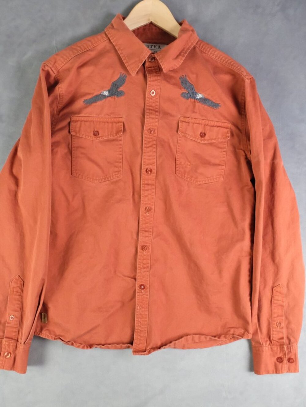 Sitka Shirt Mens Medium Brown Rust Button Up Canvas Embroidered Eagle Outdoor